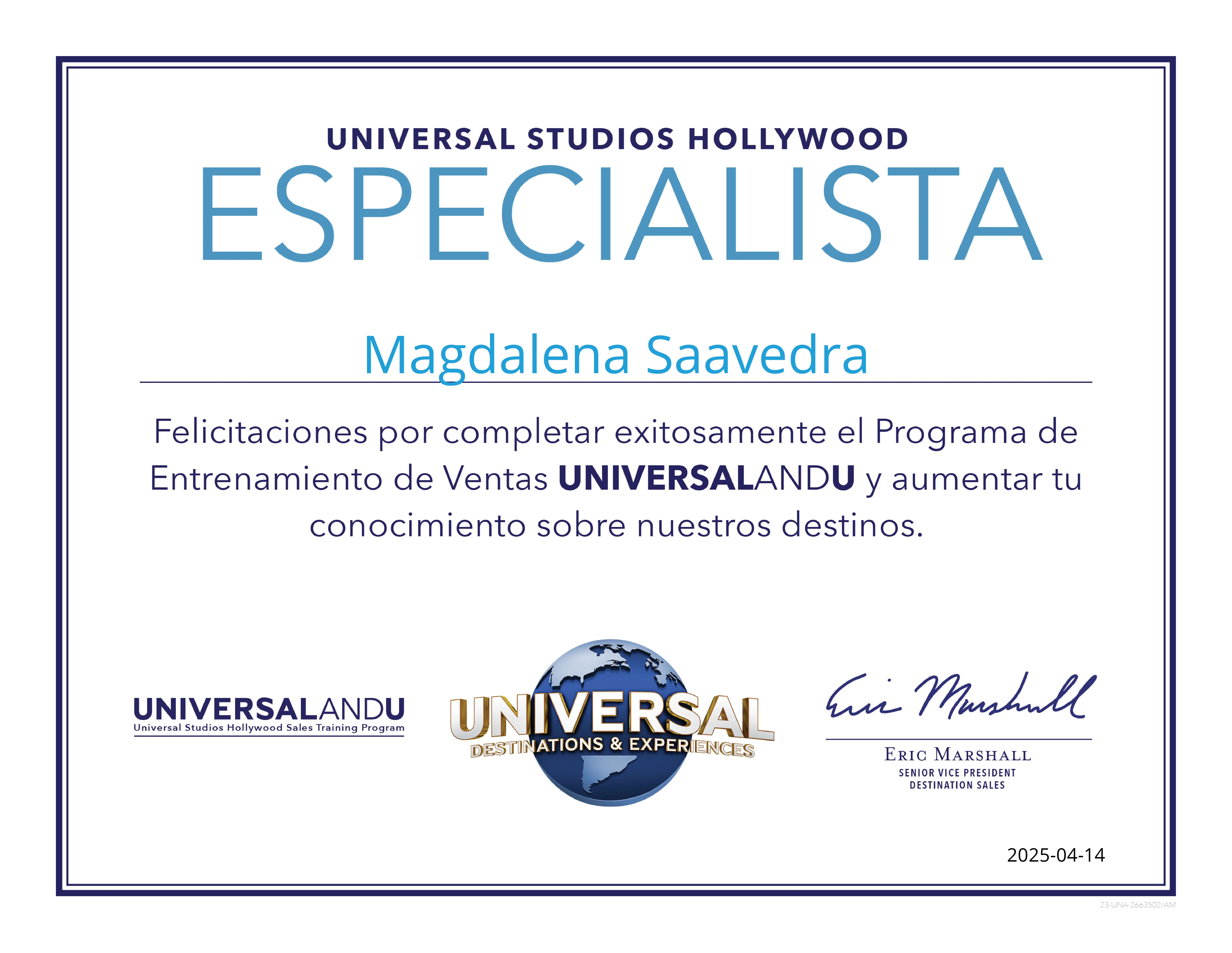 Universal Hollywood Certificate